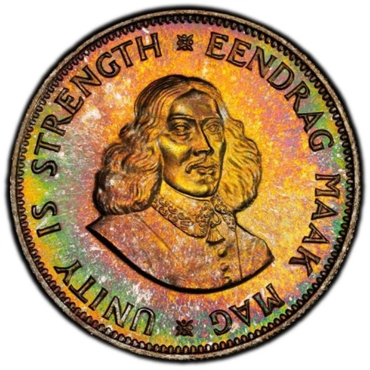 PR68 1961 南アフリカ 20 セント シルバー プルーフ、PCGS - 鮮やかなレインボー トーン TOP POP!
