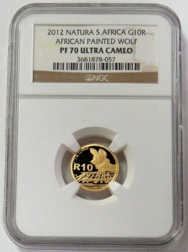 2012年 ゴールド 南アフリカ 10ランド アフリカンペインテッドウルフ ナチュラル 1/10オンス NGC PF 70 UC
