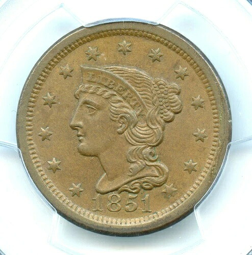 1851年 N-4 編み込みヘア ラージセント、PCGS MS64BN、CAC認定
