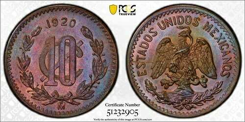 メキシコ エスタドス ウニドス 1920 10 センタボス コイン 認定 未流通 PCGS MS66-BN