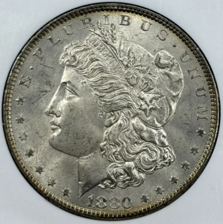 1880-P 1ドル モルガン・ダラー NGC MS65 - 光沢のある大打撃と金色の裏面