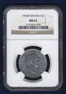 イタリア王国 1943-R YR.XXI 2リラ チョイス 未流通コイン、NGC認定 MS63 244,750円