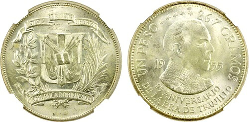 1955年ドミニカ共和国ペソ、トルヒーリョ記念、NGC MS 64