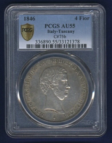 イタリア / イタリア領トスカーナ 1846年 4フィオリニ銀貨 PCGS認定 AU55