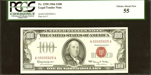 1966年 100ドル 法定通貨 PCGS 55 下位4桁シリアル ***5825*** レッドシール
