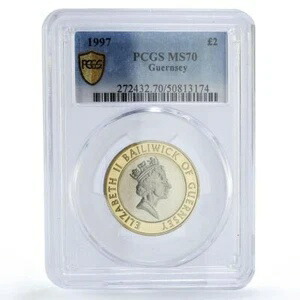 ガーンジー 2ポンド エリザベス2世 第三肖像十字架 MS70 PCGS バイメタルコイン 1997年