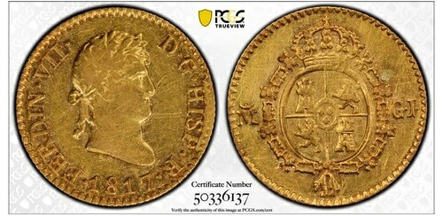 1817 M GJ スペイン 1/2 エスクード金貨 PCGS AU 242,550円