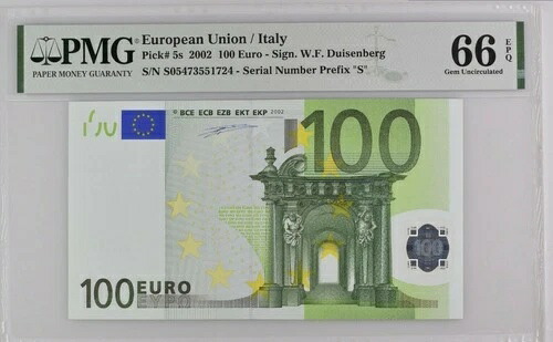 イタリア 100 ユーロ 2002 Sシリーズ、デュイゼンベルグサイン、PMG 66