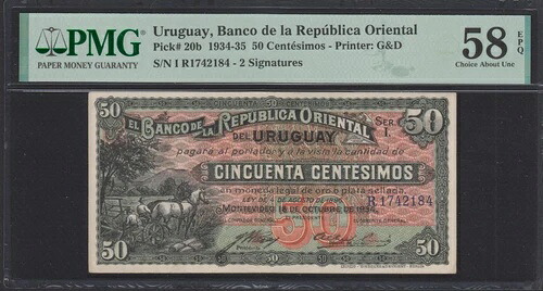 ウルグアイ、BANCO DE LA REPUBLICA ORIENTAL 50 センテシモス、1934 P#20b PMG 58 EPQ