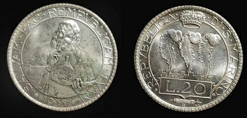 サンマリノ 1935 20リラ、高品位、光沢、シャープ、少量発行 10,000枚