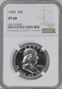 :1963-P 50セント フランクリン ハーフダラー プルーフ NGC PF 69(セミカム) ローポップ R3 ハイグレード