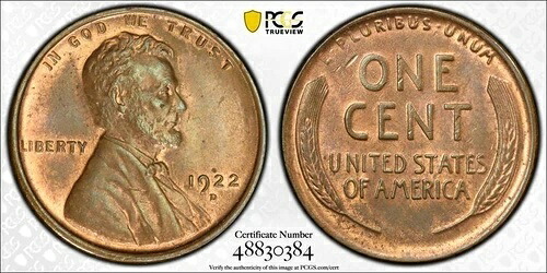 1922年 D リンカーン セントペニー。PCGS MS64 RB。赤と茶色。日付とグレードが良好