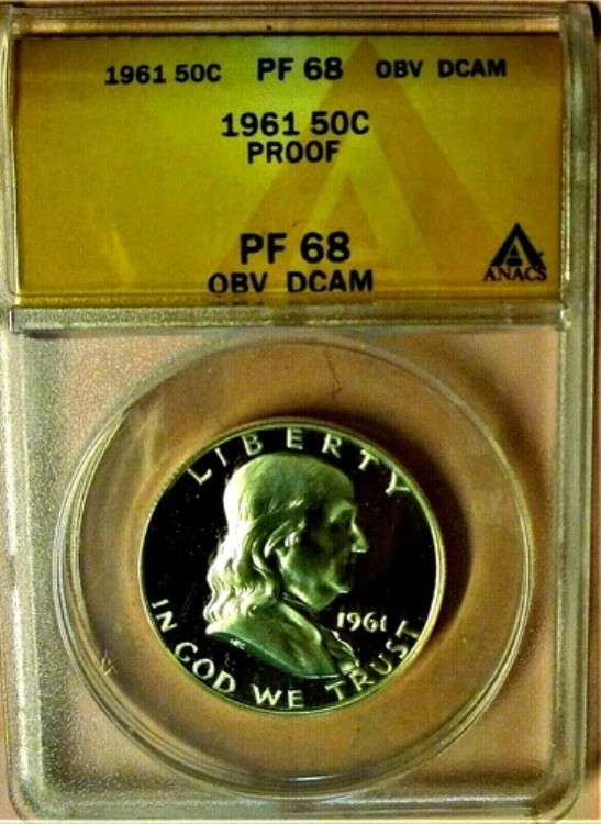 1961 ANACS PF 68 *表面あり。DCAM フランクリン シルバー プルーフ ハーフ! ソロ *トップポップ! *レア!