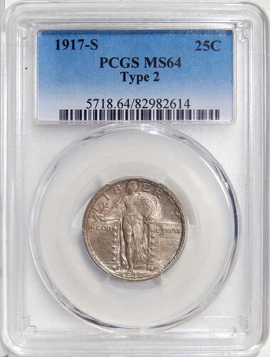 1917-S タイプ2 25セント PCGS MS 64 ~ より良い日付のシルバースタンディングリバティクォーター