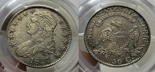 1827年 カールベース2キャップドバストハーフドル 50セント PCGS AU 詳細クリーニング済み