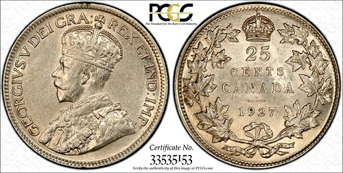 1927年カナダ25セント - ほぼ未使用、PCGS AU53｜WORLD RESOURCE【KING店】 318,285円