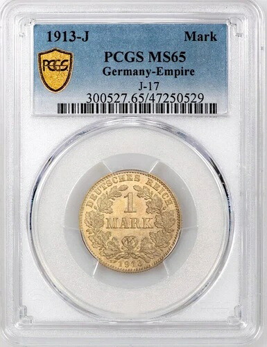 ドイツ帝国 1913J 1マルク ヴィルヘルム2世 小盾 - PCGS MS65 318,285円