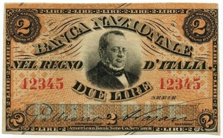 2 リラ プルーフ FRONTE BANCA NAZIONALE NEL REGNO D'ITALIA CAVOUR 25/07/1866 SPL