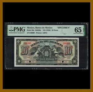 メキシコ 10 ペソ、1936 P-30s M4626s 標本 Banco De Mexico PMG 65 EPQ