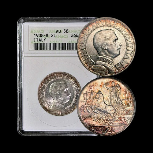 イタリア。1908年、2リラ、銀貨 - ANACS AU58 - VEIII、クアドリガ、ローマ ?? トーン｜WORLD RESOURCE【KING店】