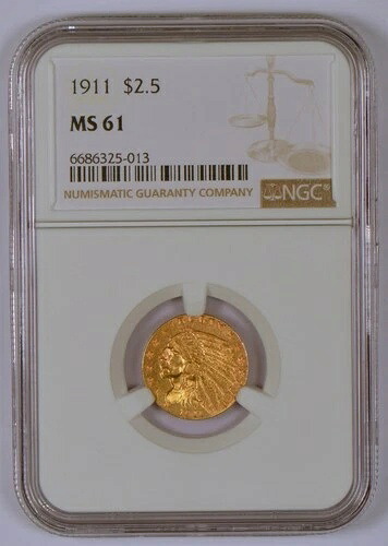 1911年 2.50ドル インディアンヘッド米国クォーターイーグル金貨、NGCによるMS61評価 235,620円