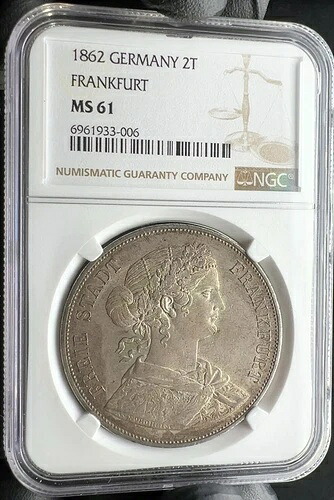 1862年 ドイツ フランクフルト 2ターラー銀貨 NGC MS61 HDビデオ付き