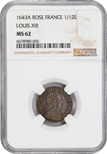 フランス ルイ13世 1643-A 1/12 ECU 銀貨、NGC認定 未流通 MS62