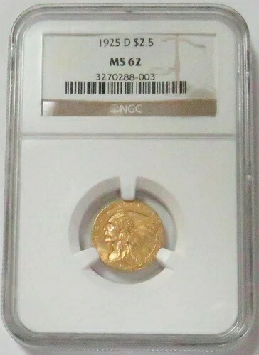 1925年 D金貨 US $2.5ドル インディアンヘッドクォーターイーグルコイン NGCミント ステート62
