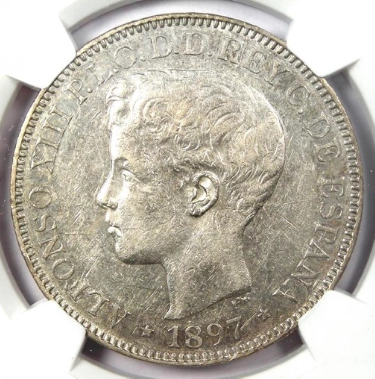 1897 年 スペイン フィリピン ペソ 1 ペンス コイン - NGC AU53 認定 - 希少コイン!｜WORLD RESOURCE【KING店】
