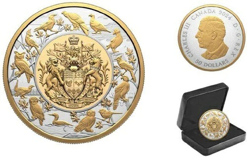 カナダ - 2024年 5オンス「カナダの鳥 - 紋章」金メッキプルーフ銀貨 50ドル