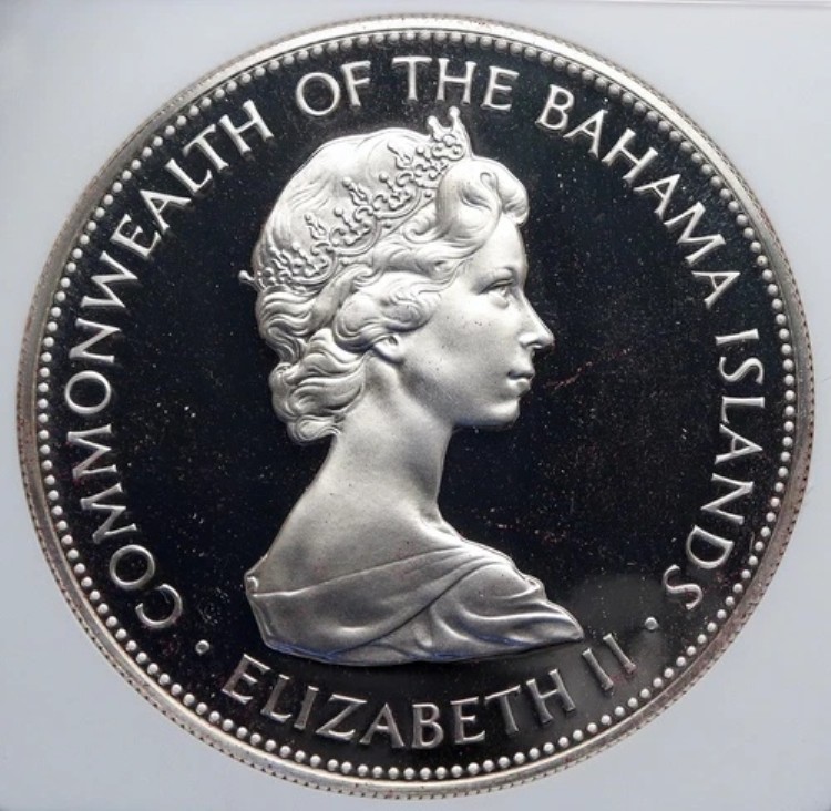 1972年 バハマ女王 海賊大敗北 モットー ヴィンテージ シルバー 5ドルコイン NGC i89241