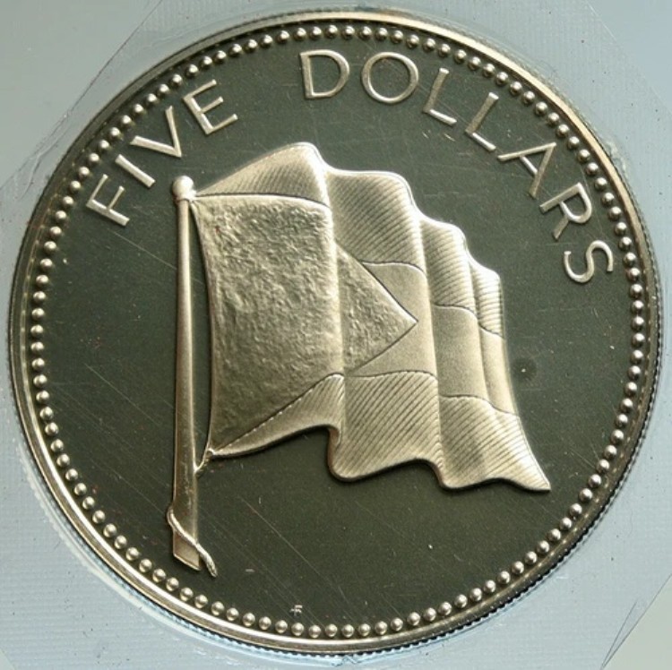 1974年 バハマ 英国 エリザベス2世 国旗 オールドプルーフ銀貨 5ドルコイン i104923