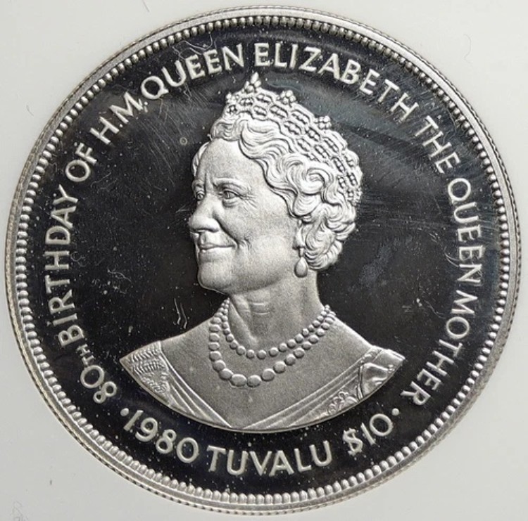 1980年 ツバル エリス諸島 英国 エリザベス2世 80年 プルーフ銀貨 10ドル NGC i105768