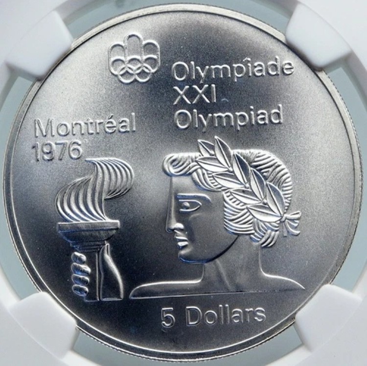 1974年 カナダ エリザベス2世 モントリオールオリンピック トーチ オールド 5ドル銀貨 NGC i87840