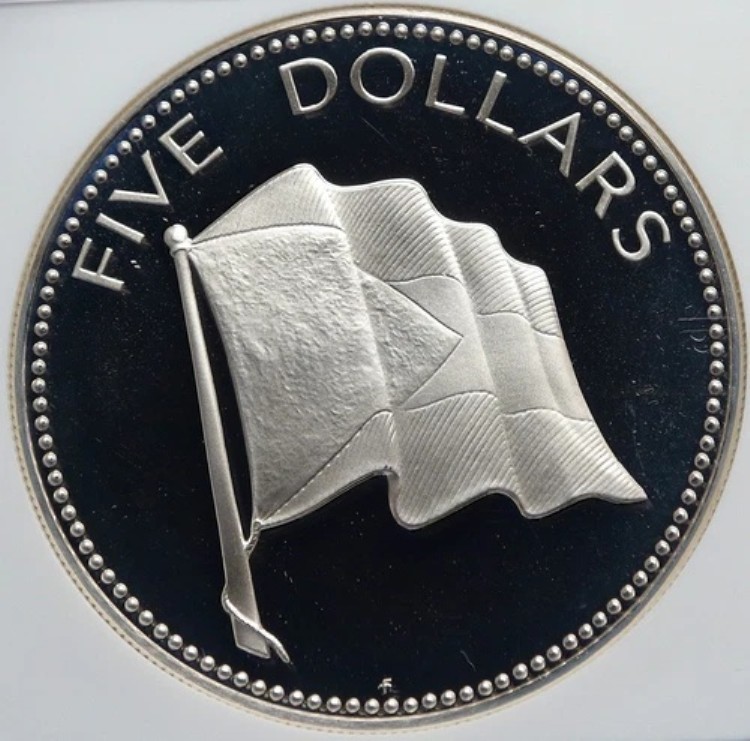 1974年 バハマ 英国 エリザベス2世 国旗 オールドプルーフ 銀貨 5ドル硬貨 NGC i85987