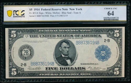 AC Fr 851a 1914 $5 ニューヨーク FRN PCGS 64