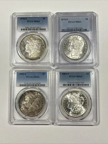 モルガン ダラー セットの最初の 4 年間。78、79、80、81。PCGS MS 64。