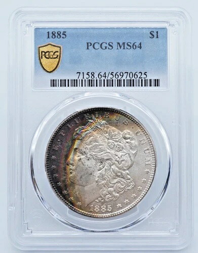 1885年 P モルガン銀貨 PCGS MS64 鮮やかな三日月レインボートーン 表面 - U1955