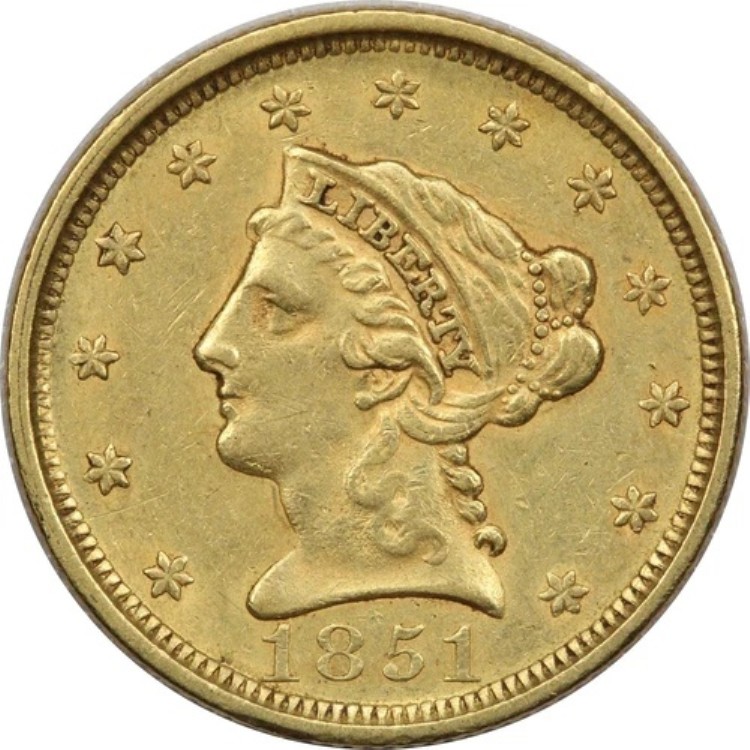 1851年 リバティ 2.50ドル金貨クォーターイーグル、未使用 AU