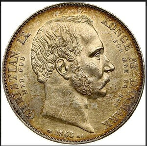 デンマーク 1863年 RH、2リグスタラー 旧世界銀貨 #5415 AU