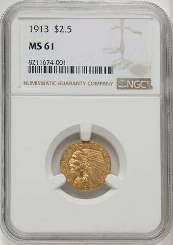 1913年インディアンヘッド 2.5ドル クォーターイーグルゴールド NGC MS61