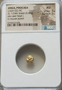 イオニア、フォカイア 1/24 ステーター シール ヘッド NGC AU 古代エレクトラム コイン