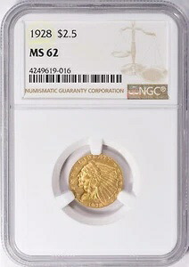 1928年 インディアンヘッド 2.5ドル クォーターイーグルゴールド NGC MS62
