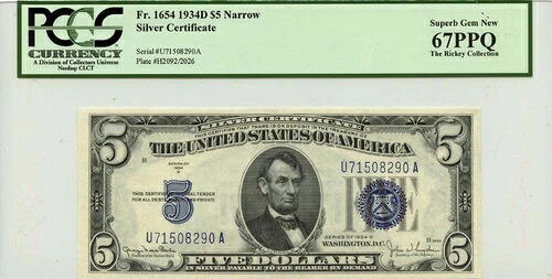 1934年製 5ドル シルバー サーティフィケート ナロー Fr# 1654 PCGS スーパージェム 67PPQ