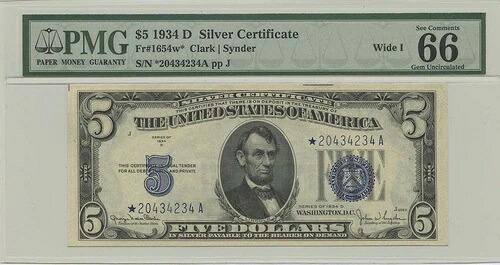1934年D $5 シルバー証明書 FR#1654w* PMG 66 Gem EPQ ワイド I スターノート