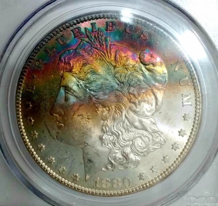 1880年代 S PCGS MS64 レインボートーン モルガン シルバードル 鮮やかな色の表面トーン