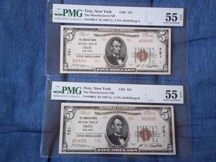 1929年 5ドル トロイ ニューヨーク NY ナショナル T2 # 721 2連続 PMG 55 国勢調査で最高