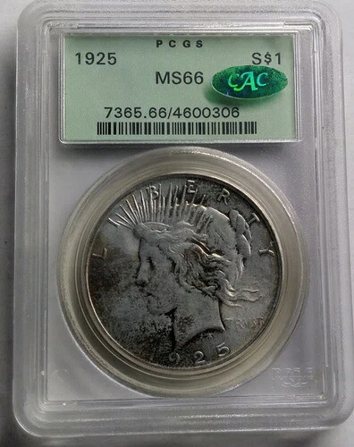 1925 P ピース ダラー PCGS MS-66 CAC、素晴らしい調色効果、マークなし!