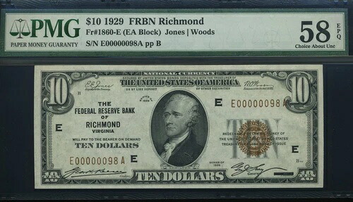 1929年 $10 FRBN E00000098A P.M.G #58EPQ