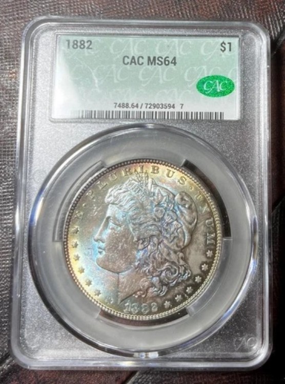 1882年 モーガン 1ドル CAC MS64 両面ブルーオレンジレインボー mikesartifacts ビデオ
